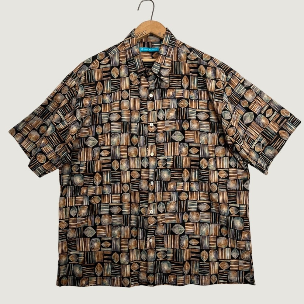 Tori Richard Mens XL Cotton Lawn Hawaiian Shirt Geometric Leaf Print 0300 1965